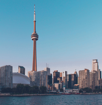 View of Toronto’s CN Tower at sunset.